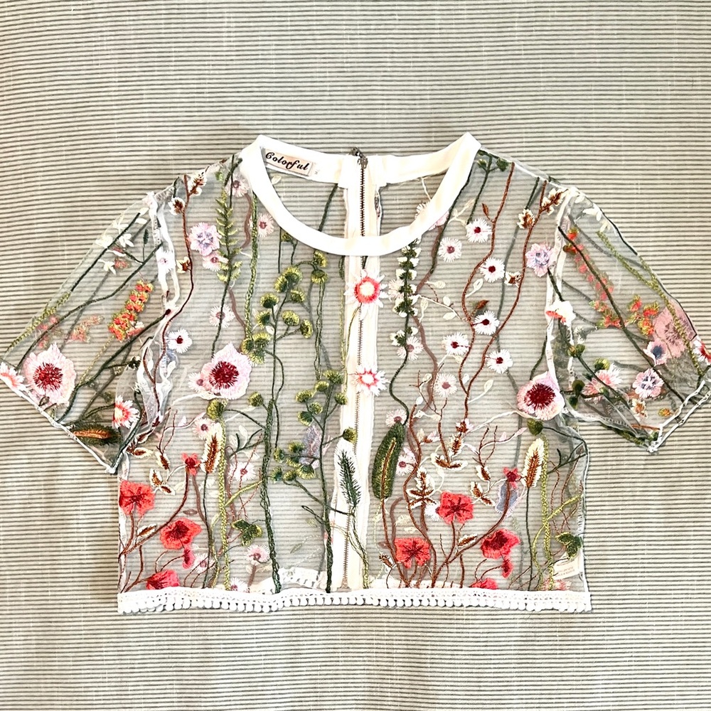 SOLD Floral Embroidered Sheer White Top - Picture 2 of 7